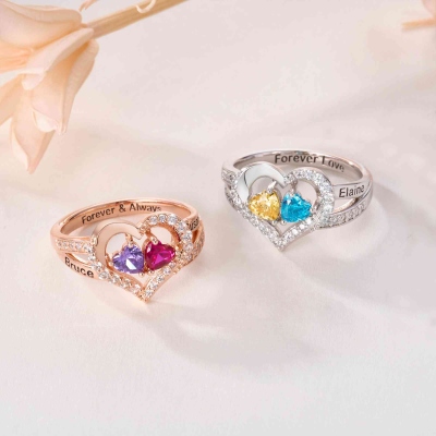 Custom Engraved Double Heart Ring with Birthstones, Sterling Silver 925 Dainty Women's Ring, Birthday/Mother's Day/Anniversary Gift for Her/Mom/Bestie