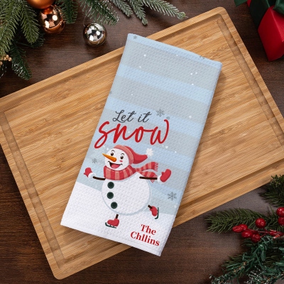 Personalized Skating Snowman Christmas Waffle Weave Dish Towel with Name, Absorbent Kitchen Towel, Housewarming/Christmas Gift for Hostess/Mom/Family