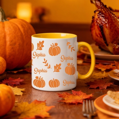 Personalized Name Pumpkin Maple Leaf Mug, 11oz/15oz Two Tone Ceramic Coffee Tea Mug with Coaster, Autumn/Thanksgiving Gift for Family/Friends