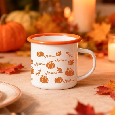 Custom Name Pumpkin Maple Leaf Enamel Mug, Multicolor 12oz Shatterproof Cup with Handle, Cocoa Milk Mug, Autumn/Thanksgiving Gift for Kids/Teens