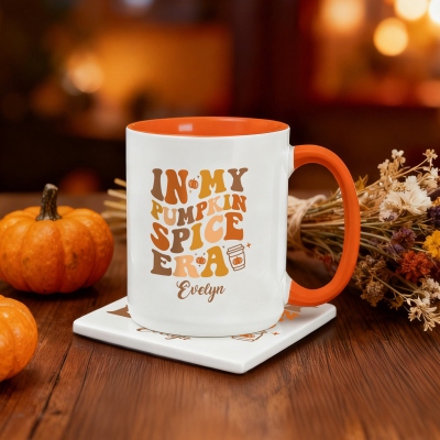 Personalized Name in My Pumpkin Spice Era Mug with Coaster, 11oz/15oz Two Tone Ceramic Coffee Tea Mug, Autumn/Thanksgiving Gift for Family/Friends