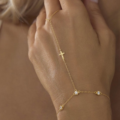 Personalized Birthstone Cross Hand Chain, Sterling Silver 925 Creative Finger Ring Connected Bracelet, European Fashion Hand Jewelry, Gift for Her