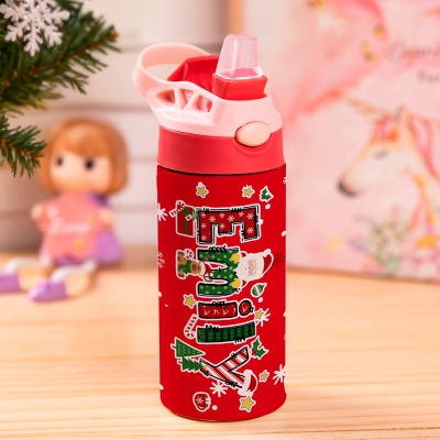 Custom Name Cartoon Christmas Theme Water Bottle, Stainless Steel 12oz Child's Tumbler with Silicone Straw & Spill-Proof Lid, Christmas Gift for Kids