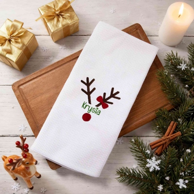 Custom Name Embroidered Bow Antlers Christmas Waffle Weave Dish Towel, Absorbent Kitchen Towel, Housewarming/Christmas Gift for Hostess/Mom/Family