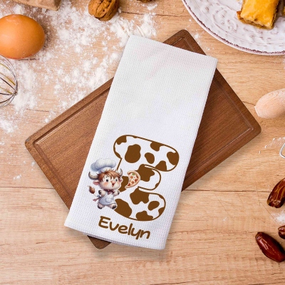 Custom Name & Initial Highland Cow Chef Waffle Weave Dish Towel, Absorbent Kitchen Towel, Housewarming/Christmas Gift for Kids/Family/Cooking Lovers