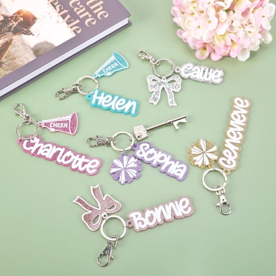 Personalized Name Glitter Cheer Megaphone/Pom Pom/Bow Charm Keychain, Backpack Name Tag, End of Season/Birthday Gift for Cheerleaders/Teammates