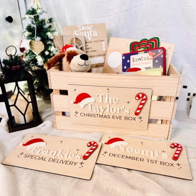 Personalized Name Tag Christmas Eve Box, Wooden December 1st Gift Box, Christmas Eve Crate, Family Holiday Keepsake, Christmas Gift for Kids/Family