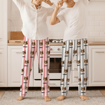 Anpassat namn husdjursporträtt randiga pyjamasbyxor, flerfärgade hundkattansiktsfoton nattkläder, loungebyxor med dragsko, present till husdjursmamma/pappa