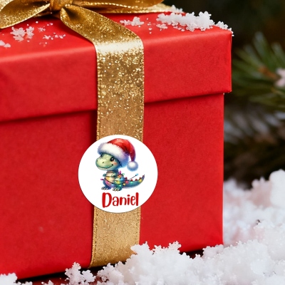 Personalized Name Cartoon Dinosaur with Christmas Lights Stickers, Round Holiday Gift Labels, Envelope Seals, Christmas Gifts for Kids/Dinosaur Lovers