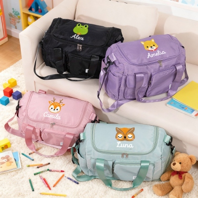 Personalized Name Cartoon Animal Child's Duffle Bag, Waterproof Weekender Bag, Overnight Bag with Shoulder Strap, Birthday Gift for Kids/Boys/Girls