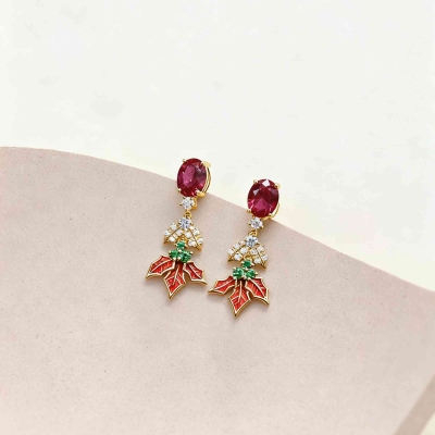 Handcrafted Birthstone Holly Leaf Drop Earrings, Sterling Silver 925 Christmas Dangle Jewelry, Sparkling Holiday Favors, Christmas Gift for Her