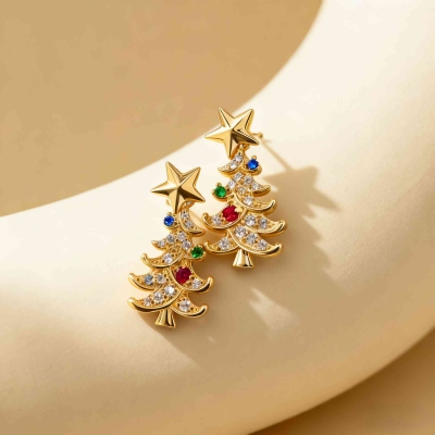 Custom Handcrafted Christmas Tree Earrings with Family Birthstones, Sterling Silver 925 Stud Earrings, Holiday Jewelry, Christmas Gift for Grandma/Her