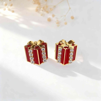 Personalized Birthstone Gift Box Earrings, Elegant Sterling Silver 925  Bow Studs, Christmas Holiday Jewelry for Women, Christmas Gift for Her