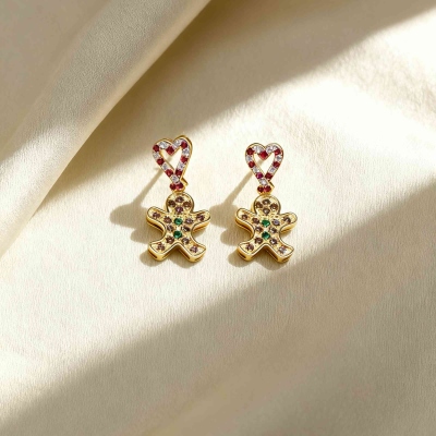 Personalized Birthstone Gingerbread Man Earrings, Gold Plated Christmas Heart Stud Dangle Jewelry, Cute Holiday Gift for Her