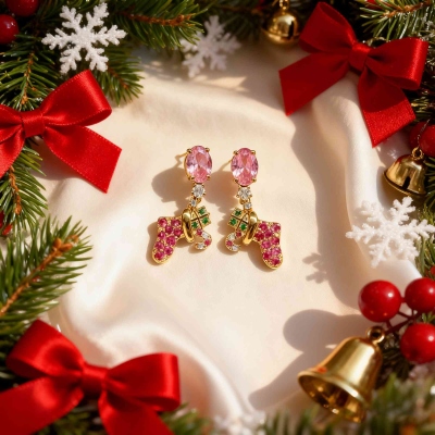 Personalisierte Geburtsstein-Weihnachtsstrumpf-Ohrringe, funkelnder Weihnachtsschmuck als Geschenk, süße festliche Goldohrringe für Damen und Mädchen
