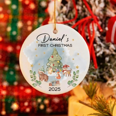 Personalized Name Cartoon Animals Baby's First/Second Christmas Ornament 2025, Ceramic Holiday Tree Hanging Decor, Christmas Gift for Newborns/Infants