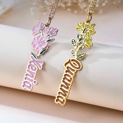 Personalized Enamel Birth Flower Necklace with Name, Sterling Silver 925 Dainty Women's Floral Jewelry, Birthday/Mother's Day Gift for Her/Mom/Grandma