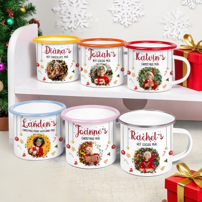 Custom Photo & Name Child's Christmas Enamel Mug, 12oz Shatterproof Cup with Handle, Hot Cocoa Milk Mug, Christmas Gift for Kids/Boys/Girls/Family