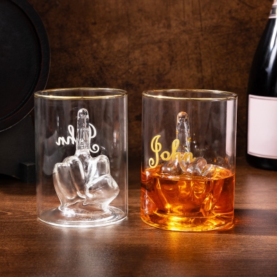 Personalized Name Middle Finger Whiskey Glass, Custom 12oz Wine Glass, Funny Party Favors, Birthday/Christmas/Anniversary Gift for Men/Friends