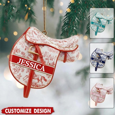 Custom Name Horse Saddle Toile de Jouy Christmas Ornament, Equestrian Christmas Tree Hanging Decor, Christmas Gift for Horse Lovers/Riders/Cowboys