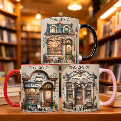 Personalized Bookstore Design Mug with Name, 11oz/15oz Two Tone Ceramic Coffee Tea Mug with Coaster, Birthday/Christmas Gift for Book Lovers/Readers