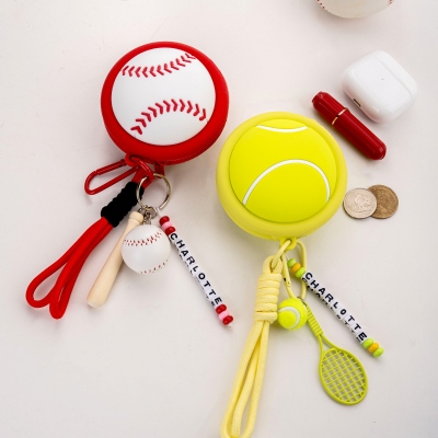 Baseball Tennis Football Keychain Coin Purse - Personalized Name Waterproof Silicone Storage Bag-Gift for Ball Sports Lovers