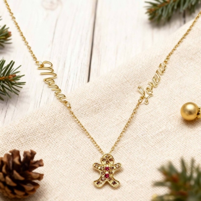 Personalized Gingerbread Man Necklace with Names & Birthstone, Sterling Silver 925 Dainty Jewelry, Christmas Gift for Mom/Couple/Sister/Bestie