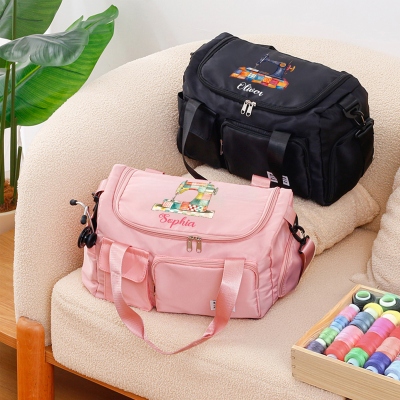 Personalized Patchwork Sewing Machine Duffle Bag with Name, Waterproof Weekender Bag, Overnight Bag with Shoulder Strap, Gift for Sewing Lovers/Women