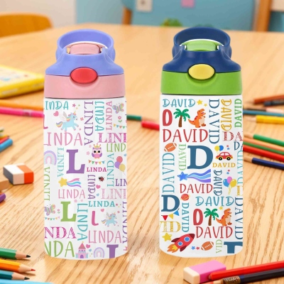 Personalized Name & Initial Cartoon Design Word Cloud Water Bottle, Stainless Steel 12oz Tumbler with Silicone Straw & Spill-Proof Lid, Gift for Kids