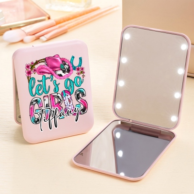 Custom Name Let's Go Girls Western Cowgirls LED Travel Makeup Mirror, 1x/2x Magnifying Dual Compact Mirror, Birthday/Wedding Gift for Her/Bridesmaids