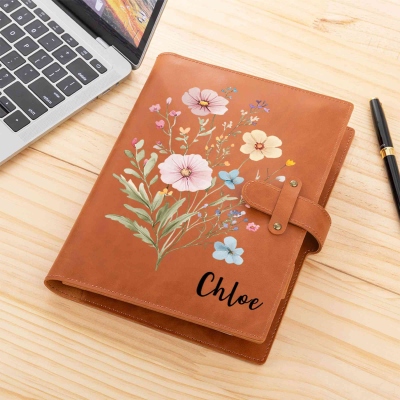 Custom Name Wildflowers Leather Notebook & Cover, Traveler's Notebook Sketch Pad Case, Stationery Drawing Pencils Organizer, Gift for Artists/Women