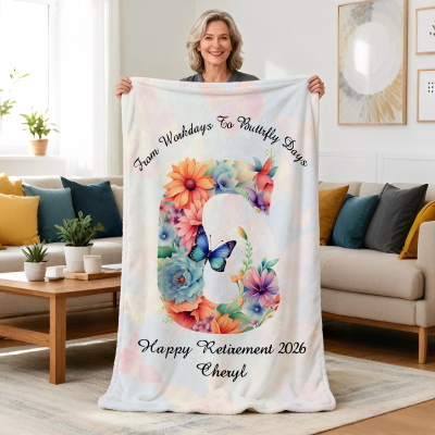 Personalized Name Floral Alphabet Happy Retirement Blanket, Flannel/Sherpa Throw for Bed Couch, Home Decor, Retirement Gift for Family/Friends/Women