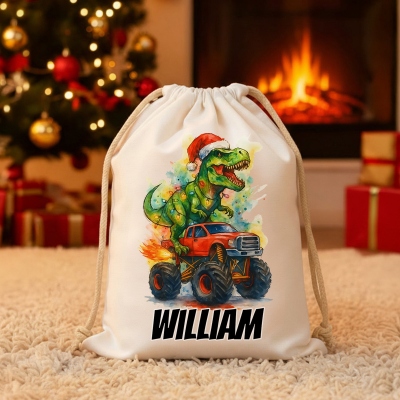 Personalized Name Dinosaur Truck Christmas Gift Bag, Canvas Santa Sack with Drawstring, Holiday Party Favor, Christmas Gift for Kids/Boys/Family