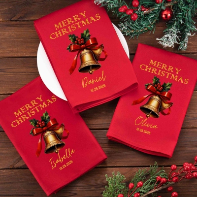 Personalisierte Namens-Weihnachtsglocken-Serviette, rote Party-Serviette, Geschirrtuch, Küchenaccessoire, Einzugs-/Weihnachtsgeschenk für Gastgeber/Mama/Familie