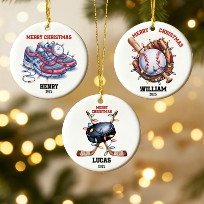Personalized Name Colorful Lights Sports Design Christmas Ornament, Ceramic Holiday Tree Hanging Decor, Christmas Gift for Sports Lovers/Players