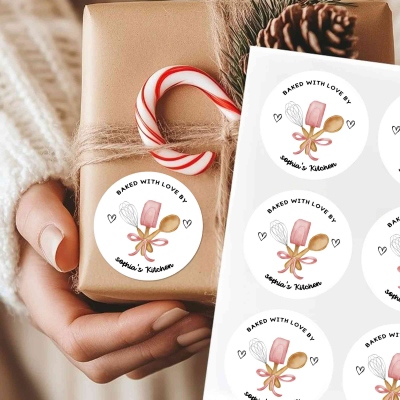 Personalized Name Baked with Love Round Kitchen Stickers, Self-Adhesive Baking Packaging Labels, Housewarming/Christmas Gift for Baking/Cooking Lovers