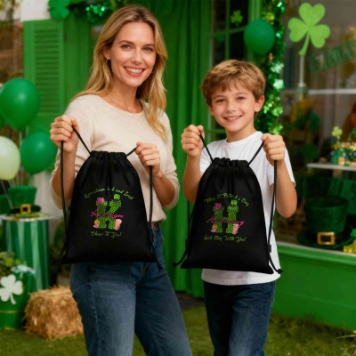 Personalized Name Green Polka Dots Alphabet Saint Patrick's Day Drawstring Backpack, Irish Lucky Bag, St Patrick's Day Gift for Irish Family/Friends