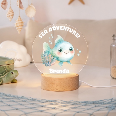 Custom Name Cartoon Sea Animal LED Night Light, Acrylic Night Lamp with Wooden Base, Nursery Home Decor, Birthday Gift for Newborns/Toddlers/Kids