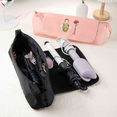 Personalized Elegant Girl Back View Multi-compartments Hair Styling Tool Pouch with Name & Birth Flower, Birthday Gift for Women/Hairdressers