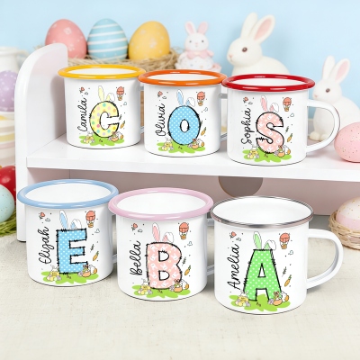Personalized Name Polka Dot Bunny Ears Alphabet Easter Enamel Mug, 12oz Cup with Handle, Tin Camping Mug, Easter Party Favor, Easter Gift for Kids