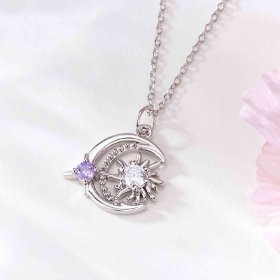 Custom Birthstones Crescent Moon & Sun Necklace, Sterling Silver 925 Celestial Jewelry, Birthday/Mother's Day/Anniversary Gift for Her/Mom/Couple