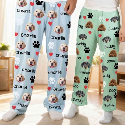 Personalized 1-4 Pet Portraits Heart Paw Prints Pajama Pants with Names, Pet Face Photos Lounge Pants, Birthday/Christmas Gift for Pet Lovers/Owners