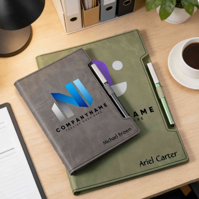 Personalized Name Company Logo Leather Binder Notebook and Pen Set, A5/B5/A4 Journal with Card Slots, Corporate/Promotion Gift for Employees/Team