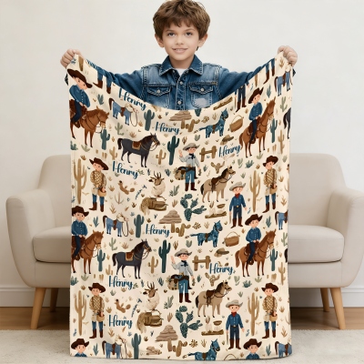 Personalized Cartoon Cowboy Blanket with Name, Western Rustic Ranch Blanket, Country Room Decor, Birthday/Christmas Gift for Rodeo Boys/Kids