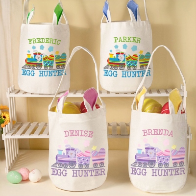 Custom Name Easter Train Design Bucket Bag with Bunny Ears, Easter Egg Hunt Basket, Cotton Linen Easter Goodie Bag, Easter Gift for Kids/Boys/Girls
