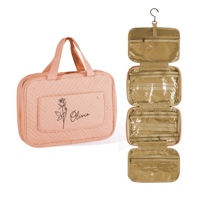 Personalized Names and Birth Flower Cosmetic Travel Bag, Foldable Make Up Organizer, Makeup Bag, Hanging Toiletry Bag for Women, Weekender Bag