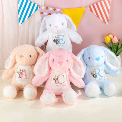 Custom Name & Initial Watercolor Birth Flower Rabbit Design Bunny Doll Toy, Soft Plush Stuffed Bunny, Easter Keepsake, Easter Gift for Newborns/Kids