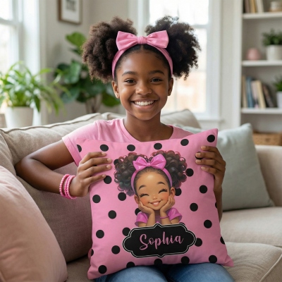 Personalized Name Polka Dots Cartoon Afro Black Girl Throw Pillow Cover, Pillowcase with Optional Insert, Home Decor, Birthday Gift for Kids/Girls