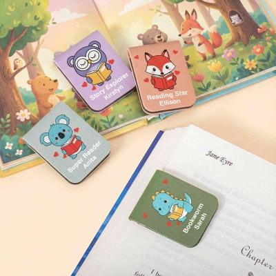 Custom Name Cute Cartoon Animal Leather Magnetic Bookmark Clip, Reading Accessory, Valentine's Day/Birthday Gift for Couple/Bookworms/Kids/Students