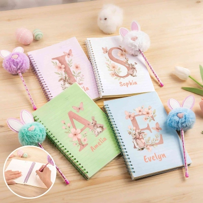 Custom Name Watercolor Floral Bunny Alphabet Spiral Notebook with Pom Pom Pen, Easter Notebook & Pen Set, Easter Party Favor, Easter Gift for Kids